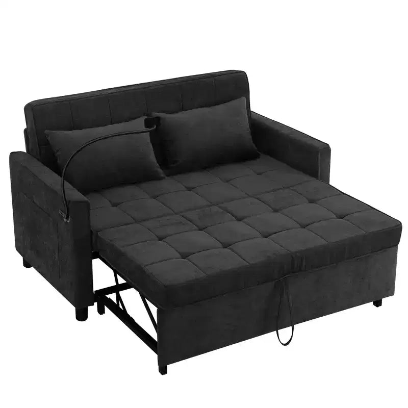 MAYEERTY 56.9 Inch Loveseat Pull Out Sleeper Sofa Bed with Reversible Backrest Cushion Side Pockets Phone Holder for Living Room Black