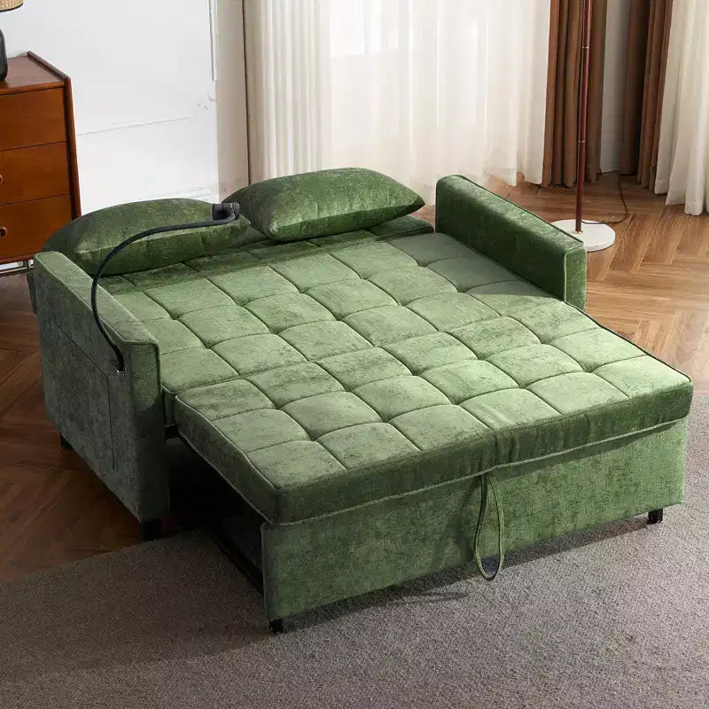 MAYEERTY 56.9 Inch Loveseat Pull Out Sleeper Sofa Bed with Reversible Backrest Cushion Side Pockets Phone Holder for Living Room Green