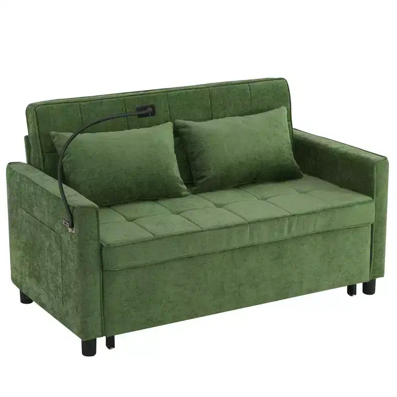 MAYEERTY 56.9 Inch Loveseat Pull Out Sleeper Sofa Bed with Reversible Backrest Cushion Side Pockets Phone Holder for Living Room Green