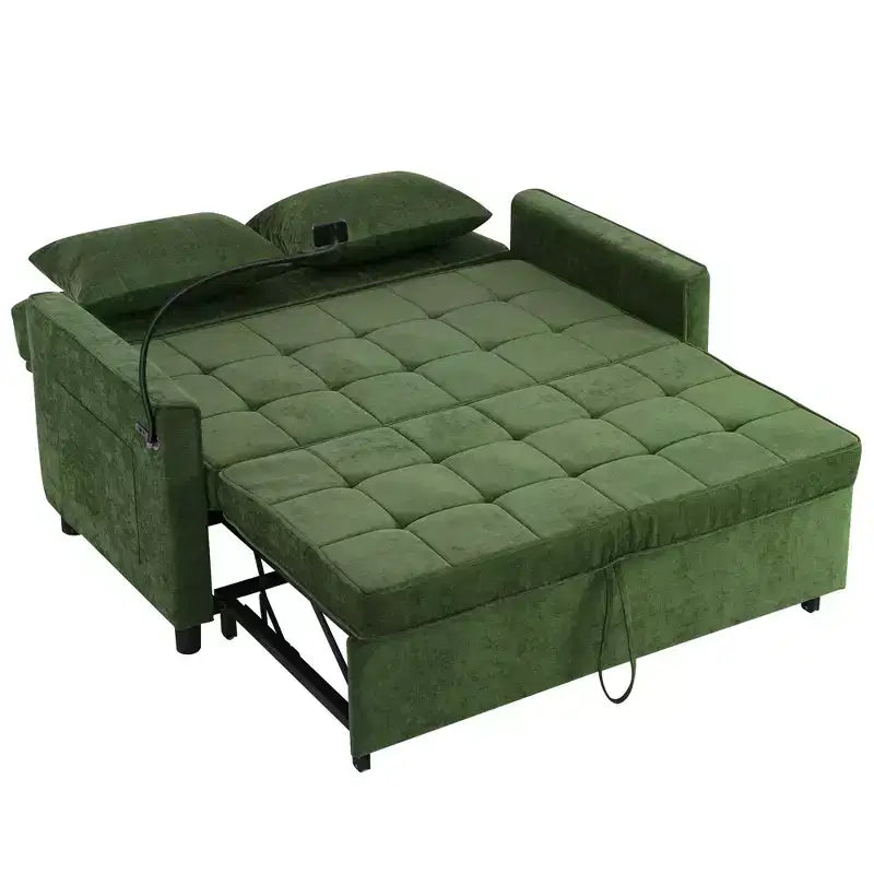 MAYEERTY 56.9 Inch Loveseat Pull Out Sleeper Sofa Bed with Reversible Backrest Cushion Side Pockets Phone Holder for Living Room Green