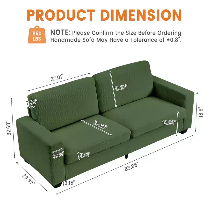 84 Modern Loveseat Sofa for Living Room, 2 Soft Cushions & Sturdy Wood Frame, Comfy Corduroy Sofa, Cloud Couch, for Living Room, Bedroom