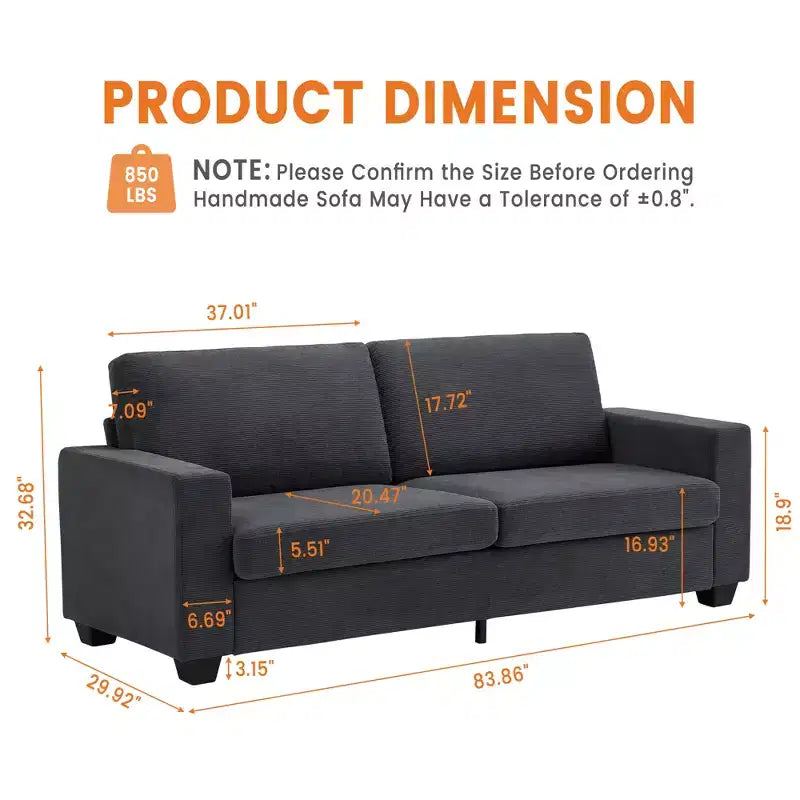 84 Modern Loveseat Sofa for Living Room, 2 Soft Cushions & Sturdy Wood Frame, Comfy Corduroy Sofa, Cloud Couch, for Living Room, Bedroom
