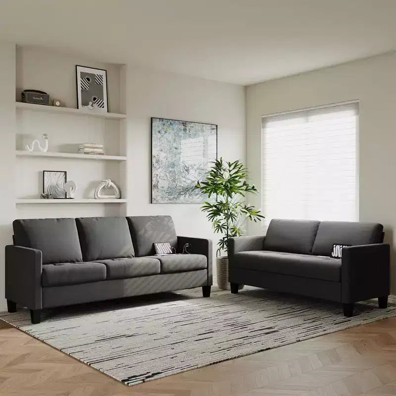 TYBOATLE Faux Leather Sofa 2 Set, Living Room Upholstered Sofa Couch, Mid Century Modern Couch Set with Wooden Legs for Living Room, Bedroom, Office