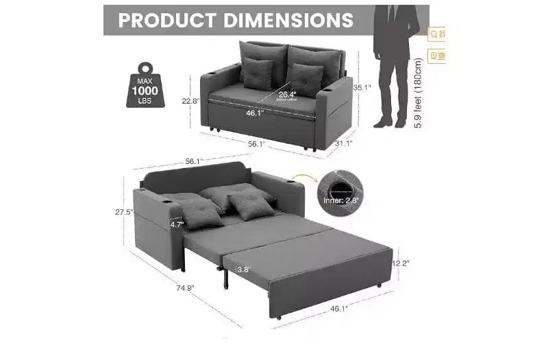 56 Convertible Sleeper Sofa Bed, 3-in-1 Pull Out Sofa Bed, Modern Couch, Capacity up to 1000lb, for Living Room, Bedroom