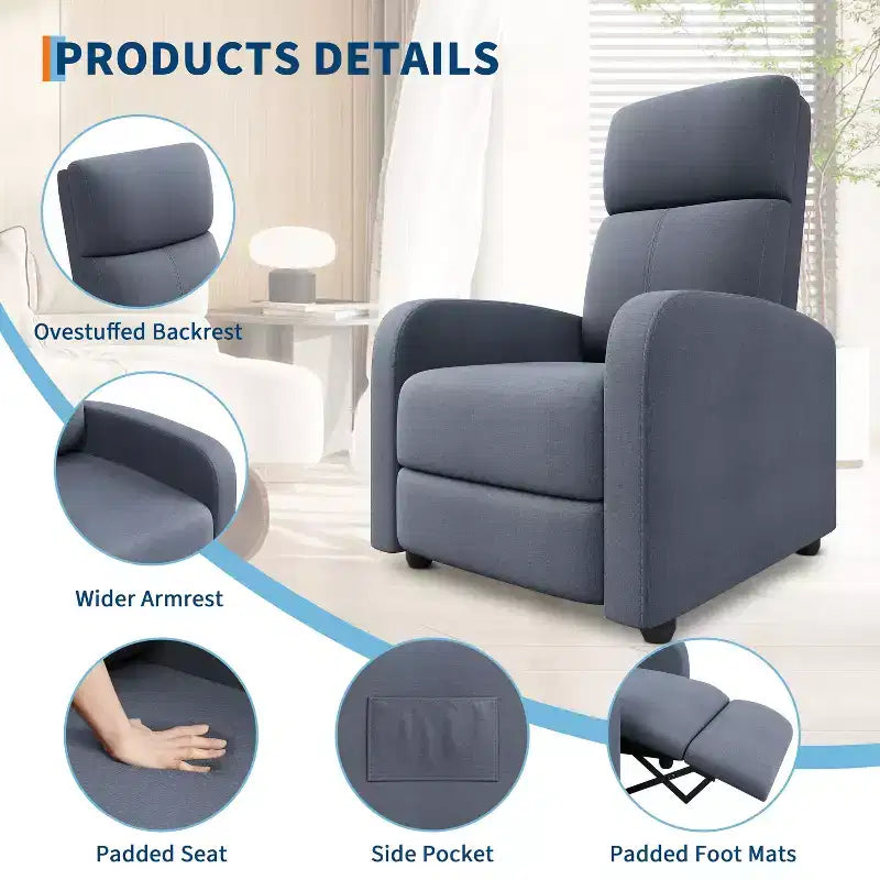 Lazy Recliner Ergonomic Adjustable Single Sofa, Side Pocket, Recliner Chair for Adults, Tall Back, Wide Arms & Padded Seat, for Living Room