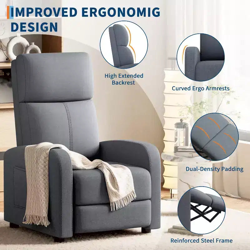 Lazy Recliner Ergonomic Adjustable Single Sofa, Side Pocket, Recliner Chair for Adults, Tall Back, Wide Arms & Padded Seat, for Living Room
