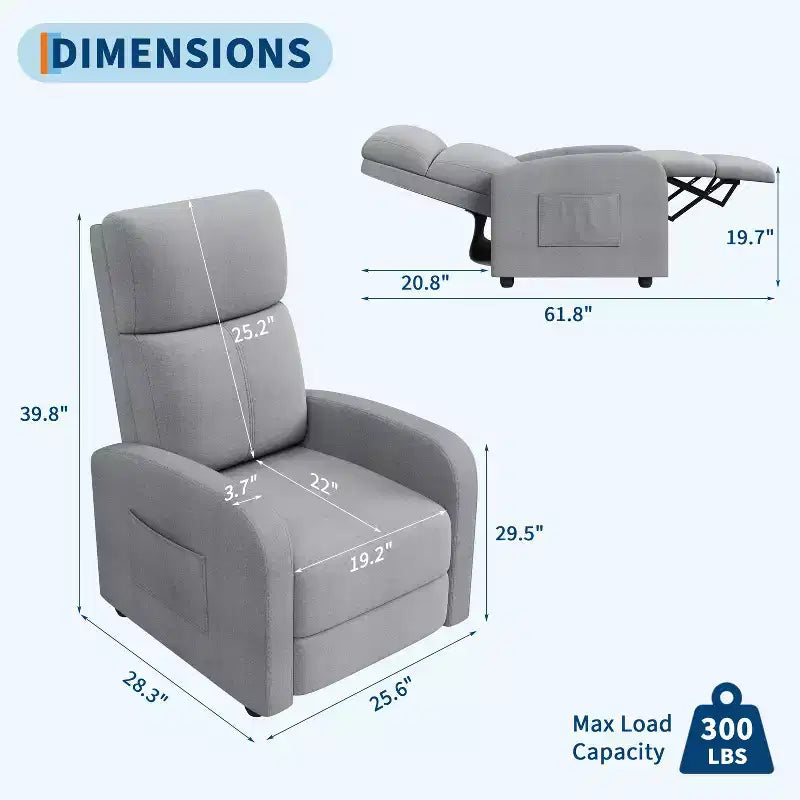 Lazy Recliner Ergonomic Adjustable Single Sofa, Side Pocket, Recliner Chair for Adults, Tall Back, Wide Arms & Padded Seat, for Living Room