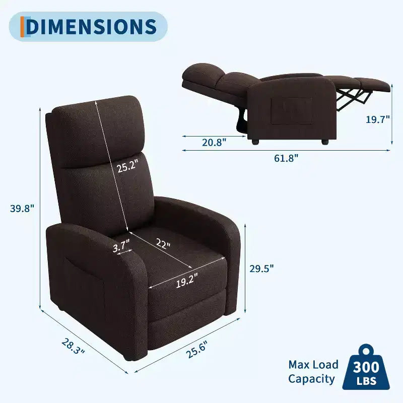 Lazy Recliner Ergonomic Adjustable Single Sofa, Side Pocket, Recliner Chair for Adults, Tall Back, Wide Arms & Padded Seat, for Living Room
