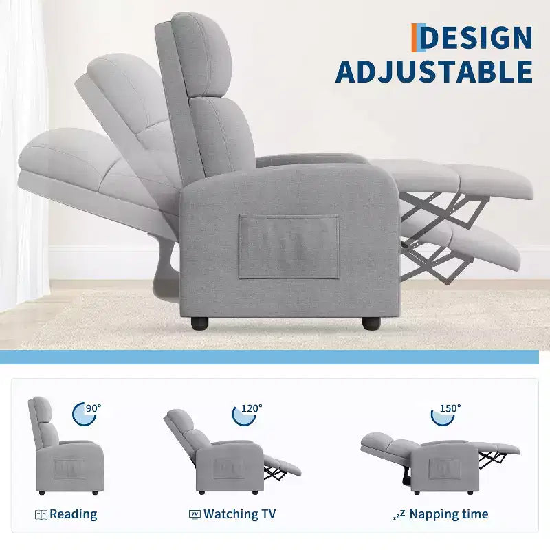 Lazy Recliner Ergonomic Adjustable Single Sofa, Side Pocket, Recliner Chair for Adults, Tall Back, Wide Arms & Padded Seat, for Living Room