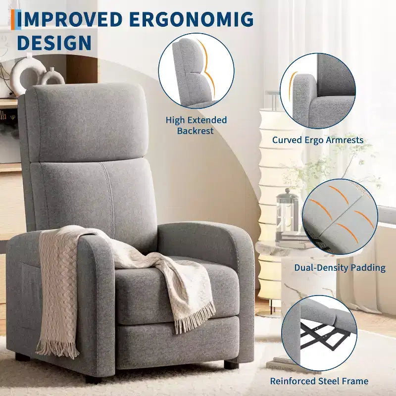 Lazy Recliner Ergonomic Adjustable Single Sofa, Side Pocket, Recliner Chair for Adults, Tall Back, Wide Arms & Padded Seat, for Living Room