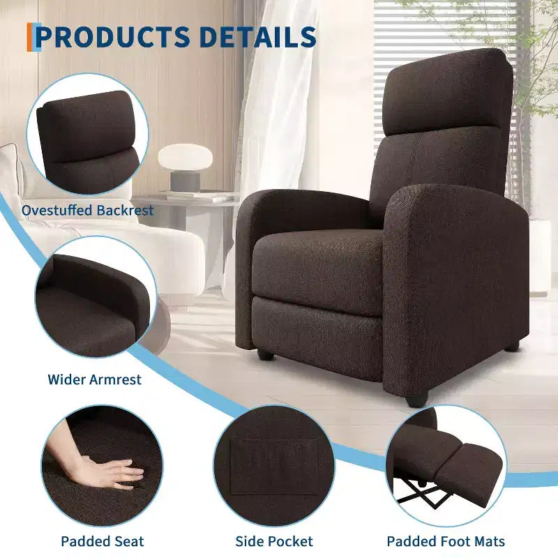 Lazy Recliner Ergonomic Adjustable Single Sofa, Side Pocket, Recliner Chair for Adults, Tall Back, Wide Arms & Padded Seat, for Living Room