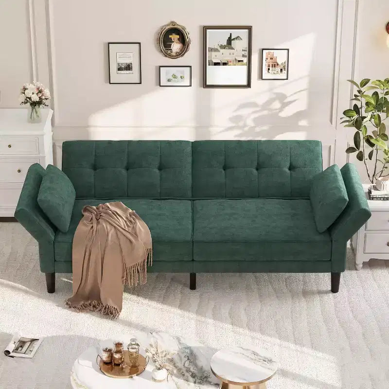 89 Futon Sofa Bed, Modern Chenille Sleeper Couch, Adjustable Backrest & Armrest, Convertible Futon Couch, for Living Room, (Two pillows)