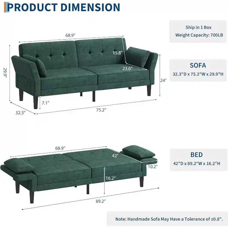 89 Futon Sofa Bed, Modern Chenille Sleeper Couch, Adjustable Backrest & Armrest, Convertible Futon Couch, for Living Room, (Two pillows)