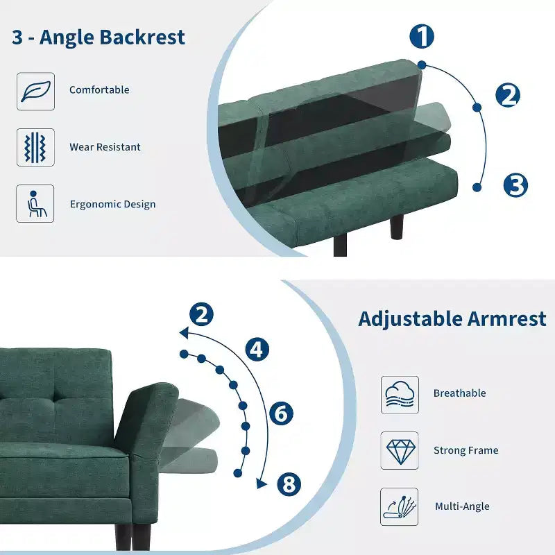 89 Futon Sofa Bed, Modern Chenille Sleeper Couch, Adjustable Backrest & Armrest, Convertible Futon Couch, for Living Room, (Two pillows)