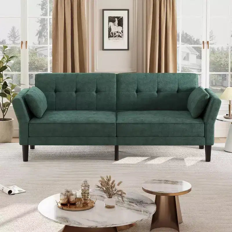 89 Futon Sofa Bed, Modern Chenille Sleeper Couch, Adjustable Backrest & Armrest, Convertible Futon Couch, for Living Room, (Two pillows)