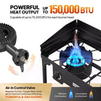 Réchaud à gaz portable ROVSUN 2 feux avec sac et pare-vent, brûleur à propane extérieur 150 000 BTU avec régulateur, cuisinière de camping pour la cuisine et le brassage à domicile