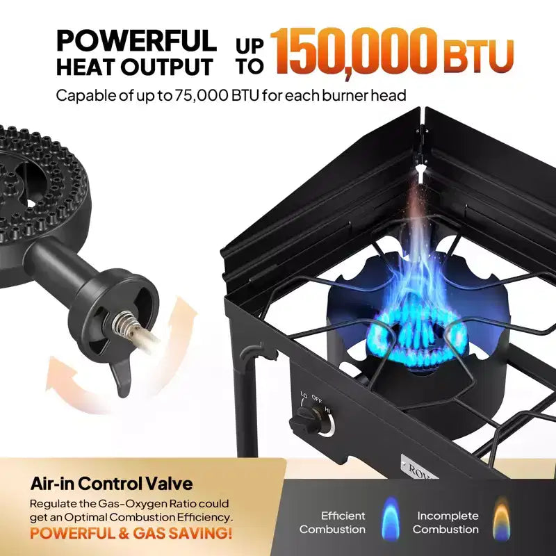 Réchaud à gaz portable ROVSUN 2 feux avec sac et pare-vent, brûleur à propane extérieur 150 000 BTU avec régulateur, cuisinière de camping pour la cuisine et le brassage à domicile