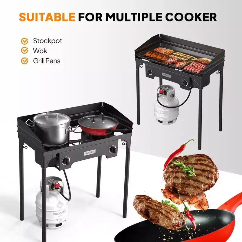 Réchaud à gaz portable ROVSUN 2 feux avec sac et pare-vent, brûleur à propane extérieur 150 000 BTU avec régulateur, cuisinière de camping pour la cuisine et le brassage à domicile