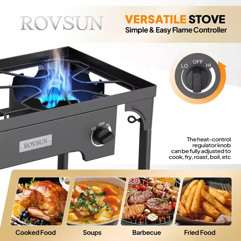 Réchaud à gaz portable ROVSUN 2 feux avec sac et pare-vent, brûleur à propane extérieur 150 000 BTU avec régulateur, cuisinière de camping pour la cuisine et le brassage à domicile