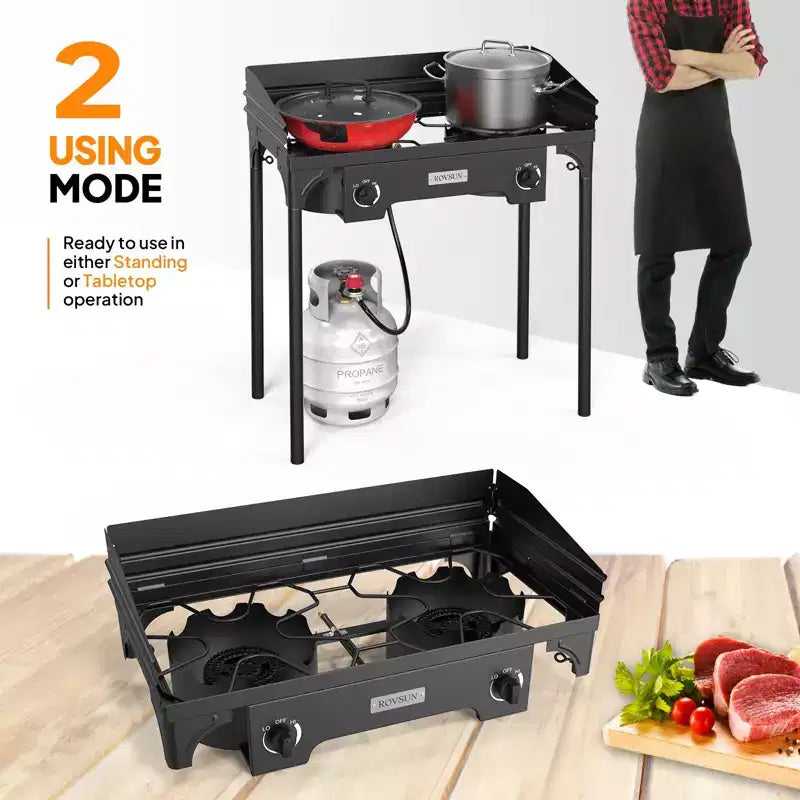 Réchaud à gaz portable ROVSUN 2 feux avec sac et pare-vent, brûleur à propane extérieur 150 000 BTU avec régulateur, cuisinière de camping pour la cuisine et le brassage à domicile