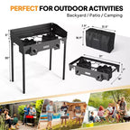 Réchaud à gaz portable ROVSUN 2 feux avec sac et pare-vent, brûleur à propane extérieur 150 000 BTU avec régulateur, cuisinière de camping pour la cuisine et le brassage à domicile