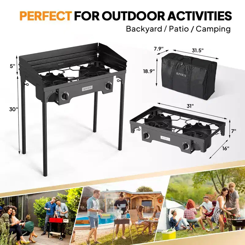 Réchaud à gaz portable ROVSUN 2 feux avec sac et pare-vent, brûleur à propane extérieur 150 000 BTU avec régulateur, cuisinière de camping pour la cuisine et le brassage à domicile