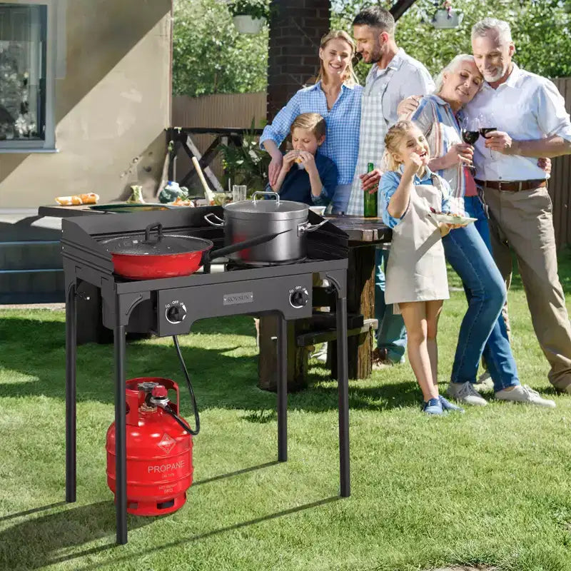 Réchaud à gaz portable ROVSUN 2 feux avec sac et pare-vent, brûleur à propane extérieur 150 000 BTU avec régulateur, cuisinière de camping pour la cuisine et le brassage à domicile