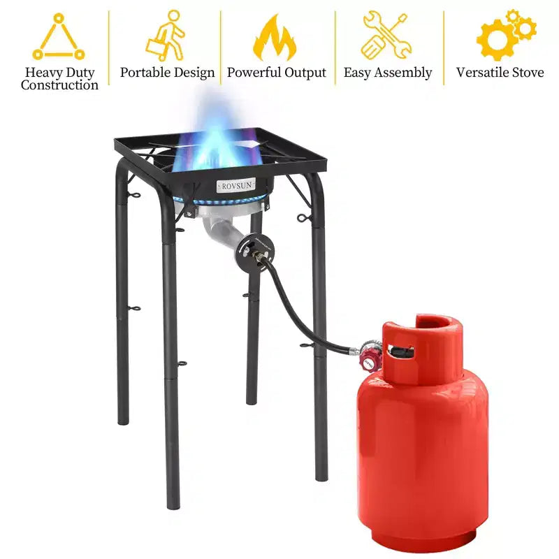 ROVSUN 200,000 BTU High Pressure Single Propane Burner, Portable Gas Stove Cooker with 2 Heights & Regulator for Outdoor Camp Cooking Frying Boiling