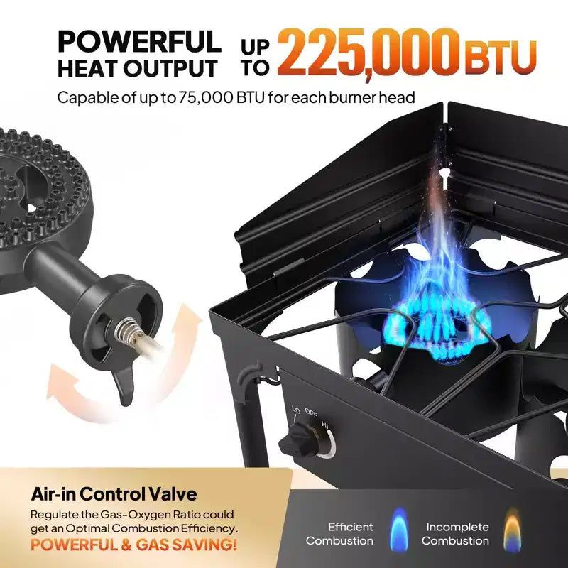 ROVSUN Réchaud à gaz portable 3 brûleurs avec pare-brise et sac, brûleur au propane extérieur 225 000 BTU avec régulateur, réchaud de camping pour la cuisine et le brassage domestique