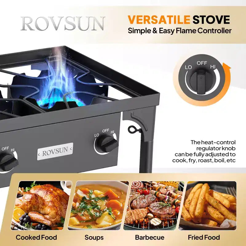 ROVSUN Réchaud à gaz portable 3 brûleurs avec pare-brise et sac, brûleur au propane extérieur 225 000 BTU avec régulateur, réchaud de camping pour la cuisine et le brassage domestique