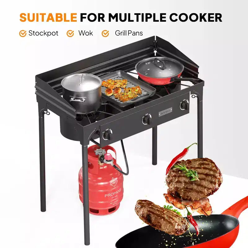 ROVSUN Réchaud à gaz portable 3 brûleurs avec pare-brise et sac, brûleur au propane extérieur 225 000 BTU avec régulateur, réchaud de camping pour la cuisine et le brassage domestique