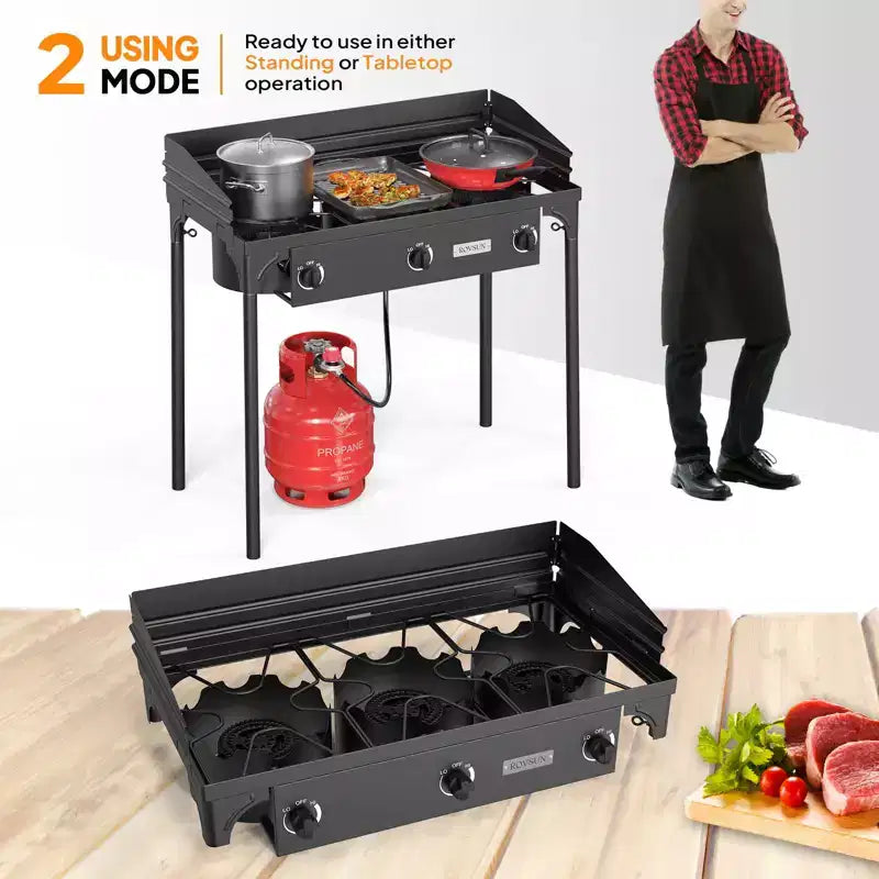 ROVSUN Réchaud à gaz portable 3 brûleurs avec pare-brise et sac, brûleur au propane extérieur 225 000 BTU avec régulateur, réchaud de camping pour la cuisine et le brassage domestique