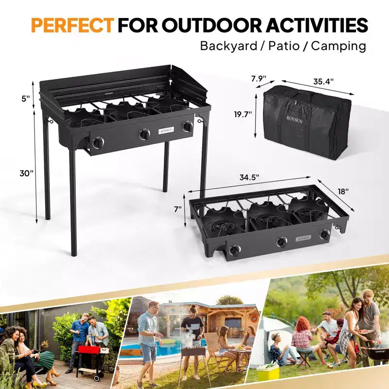 ROVSUN Réchaud à gaz portable 3 brûleurs avec pare-brise et sac, brûleur au propane extérieur 225 000 BTU avec régulateur, réchaud de camping pour la cuisine et le brassage domestique