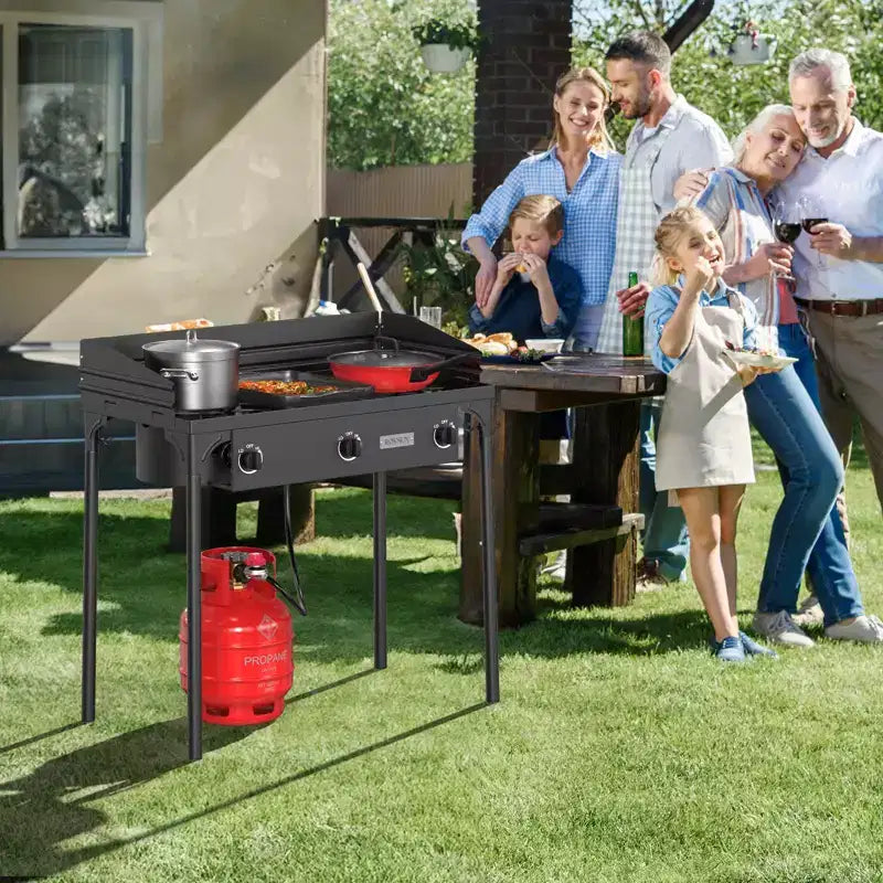 ROVSUN Réchaud à gaz portable 3 brûleurs avec pare-brise et sac, brûleur au propane extérieur 225 000 BTU avec régulateur, réchaud de camping pour la cuisine et le brassage domestique