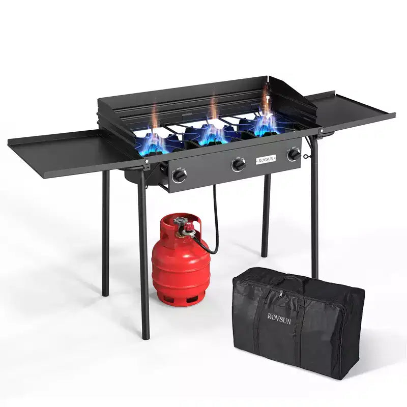 ROVSUN 3 Burner Portable Gas Stove with Side Shelves & Bag, 225000 BTU Outdoor Propane Burner with Regulator, Camping Cooker for Cooking Home Brewing
