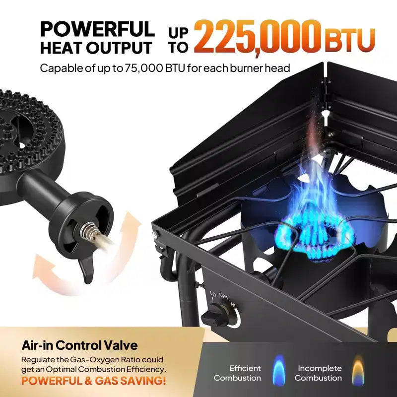 ROVSUN 3 Burner Portable Gas Stove with Side Shelves & Bag, 225000 BTU Outdoor Propane Burner with Regulator, Camping Cooker for Cooking Home Brewing