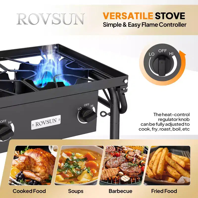 ROVSUN 3 Burner Portable Gas Stove with Side Shelves & Bag, 225000 BTU Outdoor Propane Burner with Regulator, Camping Cooker for Cooking Home Brewing