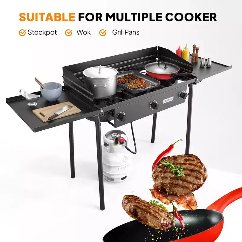 ROVSUN 3 Burner Portable Gas Stove with Side Shelves & Bag, 225000 BTU Outdoor Propane Burner with Regulator, Camping Cooker for Cooking Home Brewing