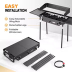ROVSUN 3 Burner Portable Gas Stove with Side Shelves & Bag, 225000 BTU Outdoor Propane Burner with Regulator, Camping Cooker for Cooking Home Brewing