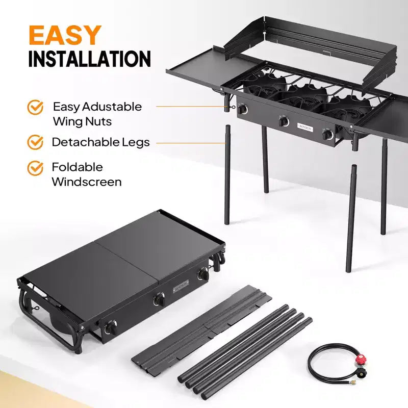 ROVSUN 3 Burner Portable Gas Stove with Side Shelves & Bag, 225000 BTU Outdoor Propane Burner with Regulator, Camping Cooker for Cooking Home Brewing