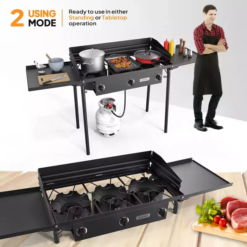 ROVSUN 3 Burner Portable Gas Stove with Side Shelves & Bag, 225000 BTU Outdoor Propane Burner with Regulator, Camping Cooker for Cooking Home Brewing