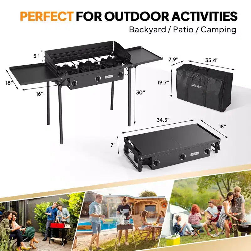 ROVSUN 3 Burner Portable Gas Stove with Side Shelves & Bag, 225000 BTU Outdoor Propane Burner with Regulator, Camping Cooker for Cooking Home Brewing