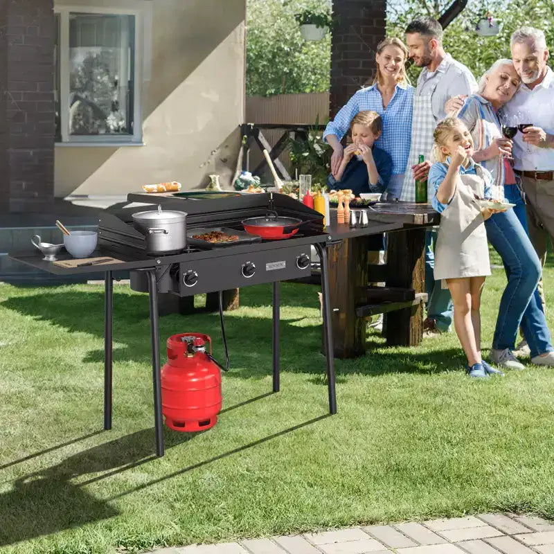 ROVSUN 3 Burner Portable Gas Stove with Side Shelves & Bag, 225000 BTU Outdoor Propane Burner with Regulator, Camping Cooker for Cooking Home Brewing