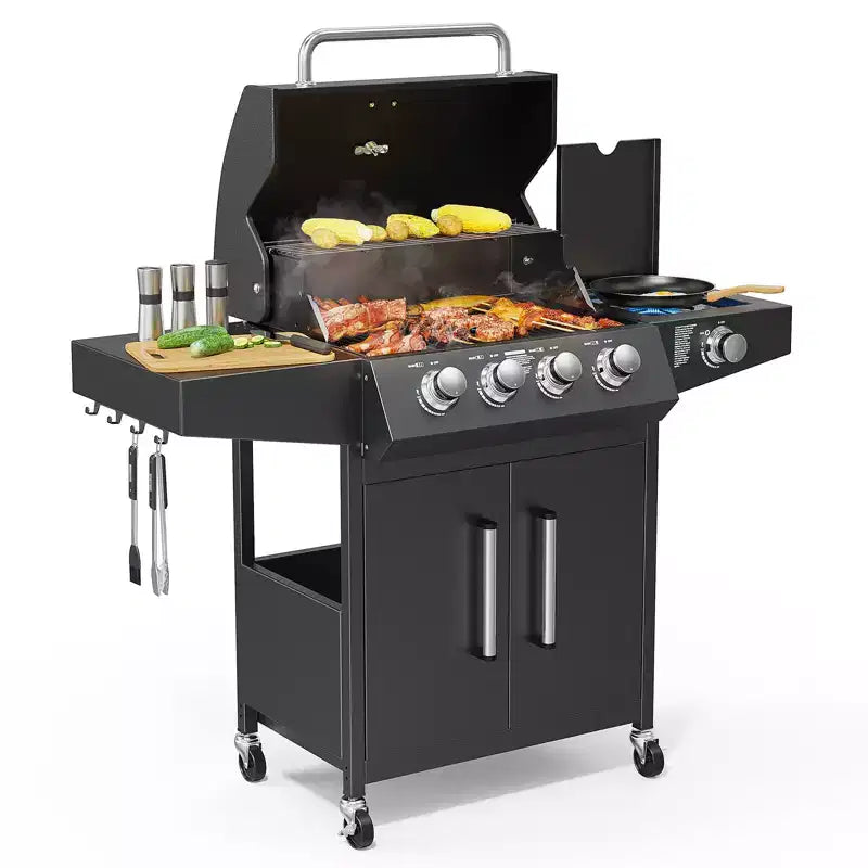 ROVSUN 4 Burner Propane Gas Grill with Side Burner, BBQ Grills with Enameled Cast Iron Grates & Cabinet for Outdoor Garden Patio Backyard Barbecue