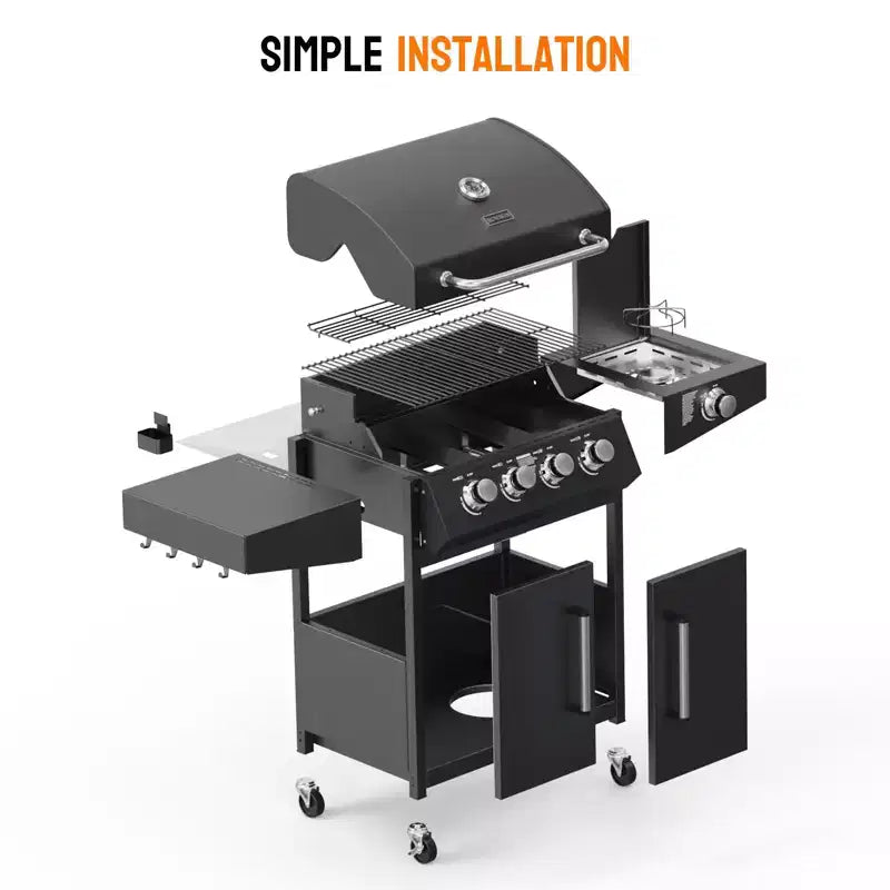 ROVSUN Barbecue à gaz propane 4 brûleurs avec brûleur latéral, barbecues avec grilles en fonte émaillée et armoire pour jardin, terrasse, arrière-cour