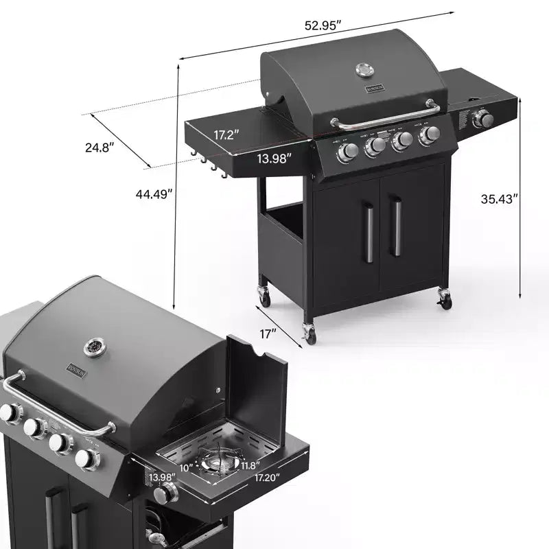 ROVSUN Barbecue à gaz propane 4 brûleurs avec brûleur latéral, barbecues avec grilles en fonte émaillée et armoire pour jardin, terrasse, arrière-cour