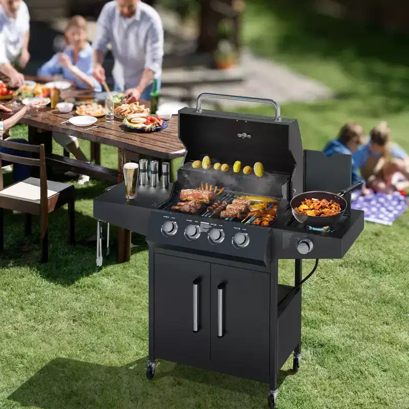ROVSUN Barbecue à gaz propane 4 brûleurs avec brûleur latéral, barbecues avec grilles en fonte émaillée et armoire pour jardin, terrasse, arrière-cour