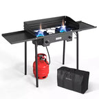 ROVSUN 2 Burner Portable Gas Stove with Carring Bag & Shelf, 150000BTU Outdoor Propane Burner with Regulator, Camping Cooker for Cooking Home Brewing