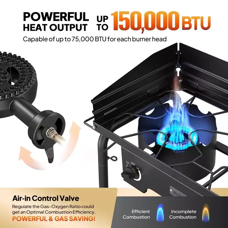 ROVSUN 2 Burner Portable Gas Stove with Carring Bag & Shelf, 150000BTU Outdoor Propane Burner with Regulator, Camping Cooker for Cooking Home Brewing