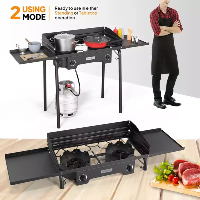 ROVSUN 2 Burner Portable Gas Stove with Carring Bag & Shelf, 150000BTU Outdoor Propane Burner with Regulator, Camping Cooker for Cooking Home Brewing